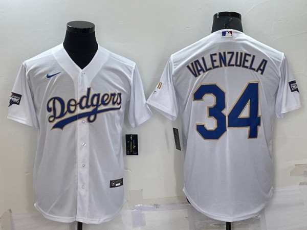 Men's Los Angeles Dodgers #34 Toro Valenzuela White Gold Championship Cool Base Stitched Jersey